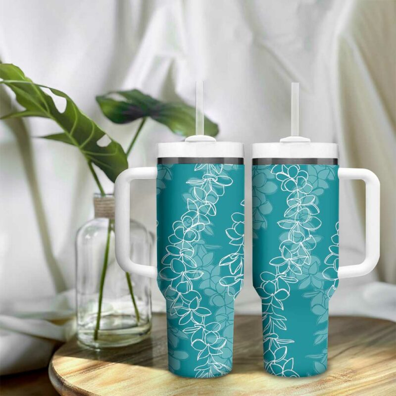 Hawaii Plumeria Lei Aloha Festive Teal Custom Stanley Quencher 40oz Stainless Steel Tumbler With Handle - Threewoofs - Image 9