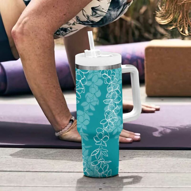 Hawaii Plumeria Lei Aloha Festive Teal Custom Stanley Quencher 40oz Stainless Steel Tumbler With Handle - Threewoofs - Image 6