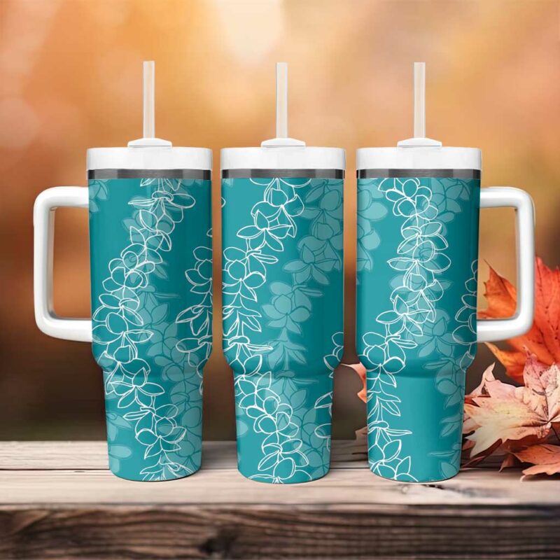 Hawaii Plumeria Lei Aloha Festive Teal Custom Stanley Quencher 40oz Stainless Steel Tumbler With Handle - Threewoofs - Image 4