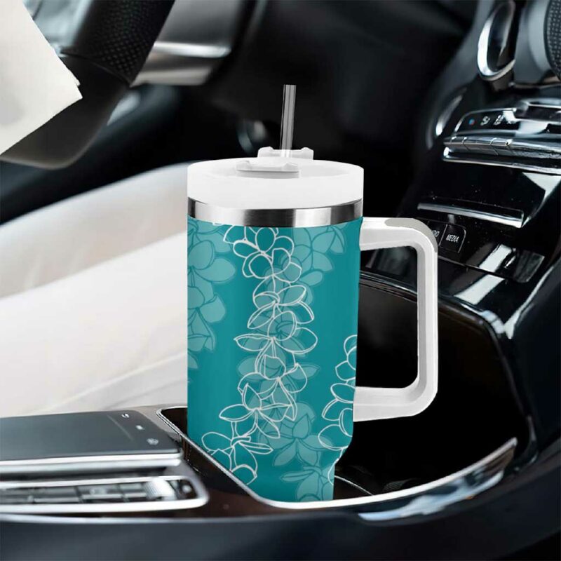Hawaii Plumeria Lei Aloha Festive Teal Custom Stanley Quencher 40oz Stainless Steel Tumbler With Handle - Threewoofs - Image 8