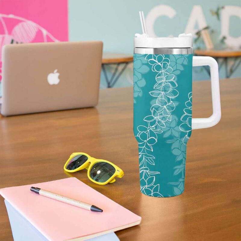 Hawaii Plumeria Lei Aloha Festive Teal Custom Stanley Quencher 40oz Stainless Steel Tumbler With Handle - Threewoofs - Image 5