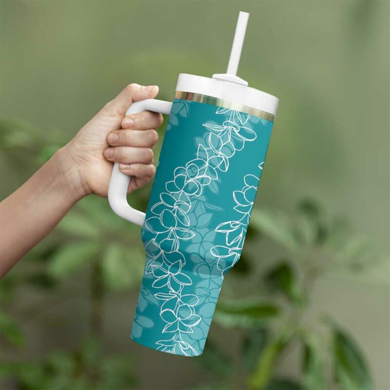 Hawaii Plumeria Lei Aloha Festive Teal Custom Stanley Quencher 40oz Stainless Steel Tumbler With Handle - Threewoofs - Image 3