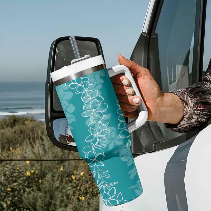 Hawaii Plumeria Lei Aloha Festive Teal Custom Stanley Quencher 40oz Stainless Steel Tumbler With Handle - Threewoofs - Image 7