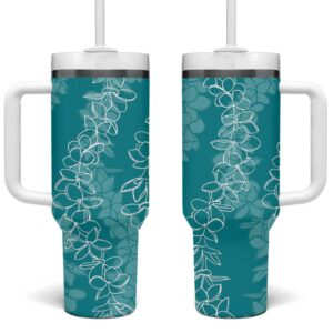 Hawaii Plumeria Lei Aloha Festive Teal Custom Stanley Quencher 40oz Stainless Steel Tumbler With Handle - Threewoofs