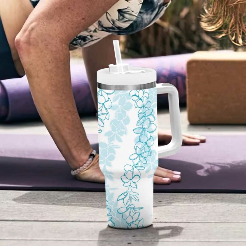 Hawaii Plumeria Lei Aloha Festive Turquoise Custom Stanley Quencher 40oz Stainless Steel Tumbler With Handle - Threewoofs - Image 6