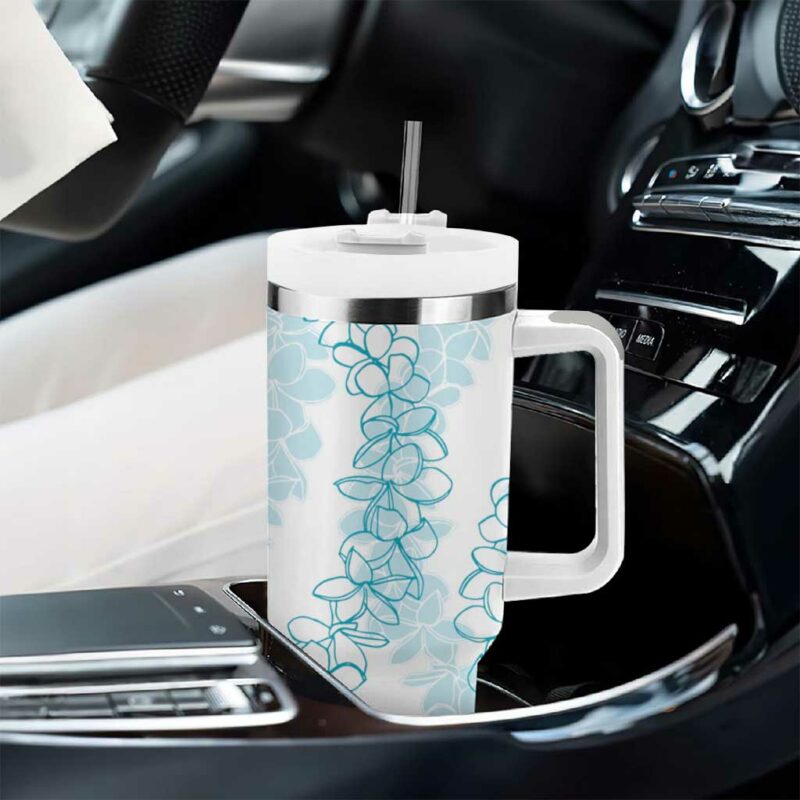 Hawaii Plumeria Lei Aloha Festive Turquoise Custom Stanley Quencher 40oz Stainless Steel Tumbler With Handle - Threewoofs - Image 8