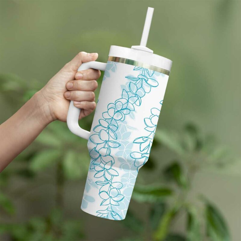 Hawaii Plumeria Lei Aloha Festive Turquoise Custom Stanley Quencher 40oz Stainless Steel Tumbler With Handle - Threewoofs - Image 3