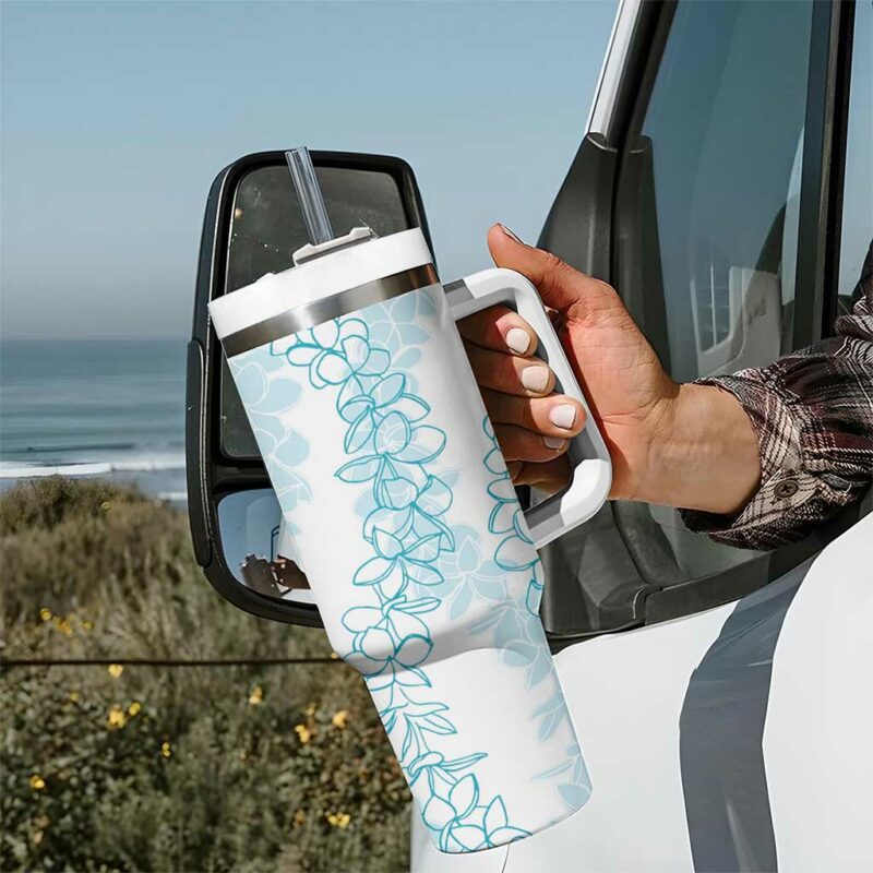 Hawaii Plumeria Lei Aloha Festive Turquoise Custom Stanley Quencher 40oz Stainless Steel Tumbler With Handle - Threewoofs - Image 7
