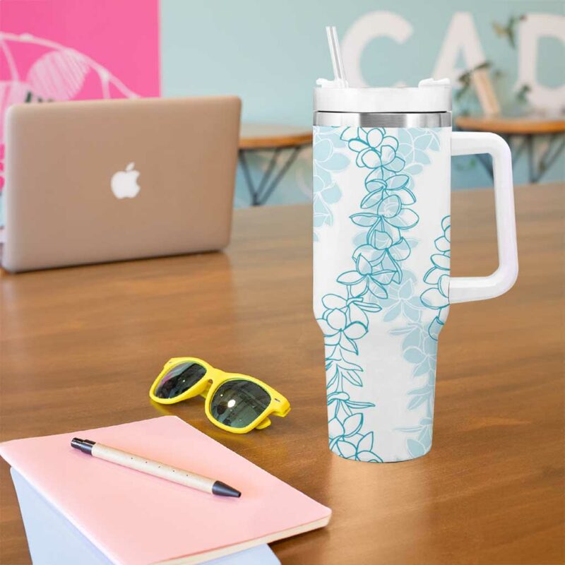 Hawaii Plumeria Lei Aloha Festive Turquoise Custom Stanley Quencher 40oz Stainless Steel Tumbler With Handle - Threewoofs - Image 5
