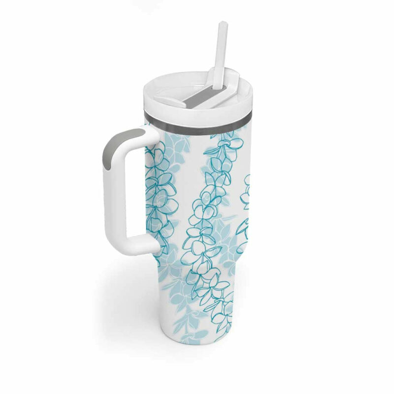 Hawaii Plumeria Lei Aloha Festive Turquoise Custom Stanley Quencher 40oz Stainless Steel Tumbler With Handle - Threewoofs - Image 2