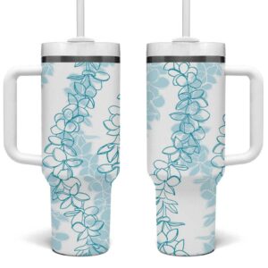 Hawaii Plumeria Lei Aloha Festive Turquoise Custom Stanley Quencher 40oz Stainless Steel Tumbler With Handle - Threewoofs