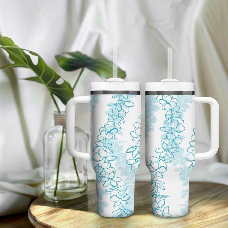 Hawaii Plumeria Lei Aloha Festive Turquoise Custom Stanley Quencher 40oz Stainless Steel Tumbler With Handle - Threewoofs - Image 9