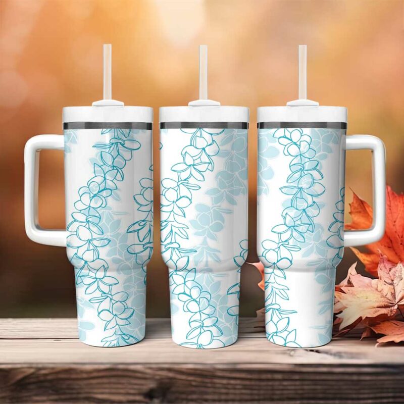 Hawaii Plumeria Lei Aloha Festive Turquoise Custom Stanley Quencher 40oz Stainless Steel Tumbler With Handle - Threewoofs - Image 4
