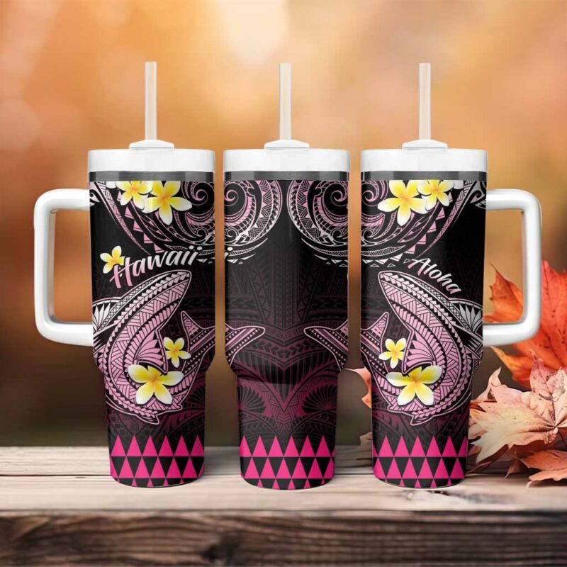 Hawaii Polynesian Shark with Kakau Pink Custom Stanley Quencher 40oz Stainless Steel Tumbler With Handle - Threewoofs - Image 4