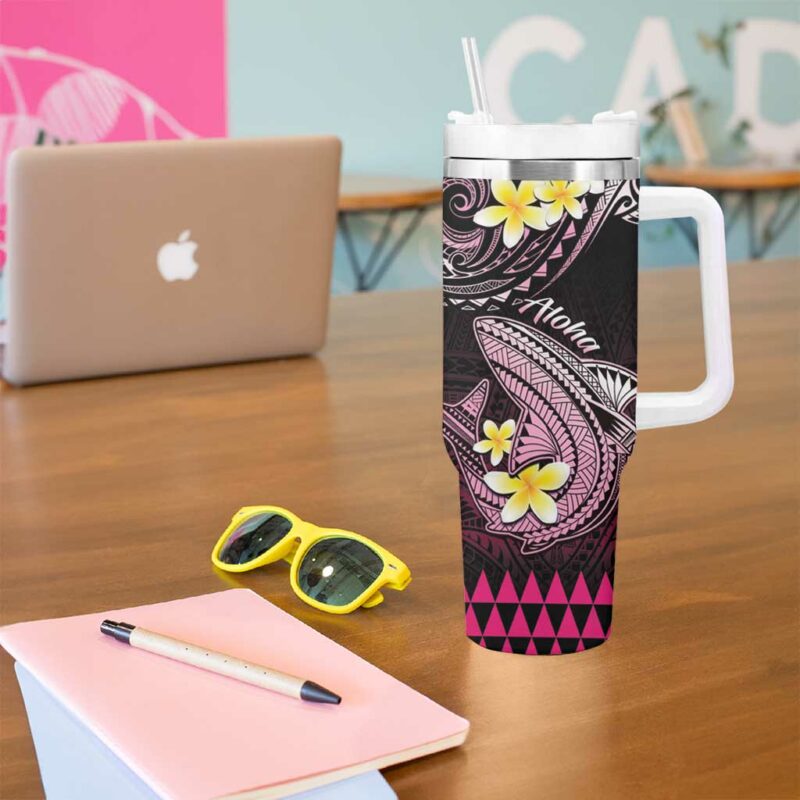 Hawaii Polynesian Shark with Kakau Pink Custom Stanley Quencher 40oz Stainless Steel Tumbler With Handle - Threewoofs - Image 5