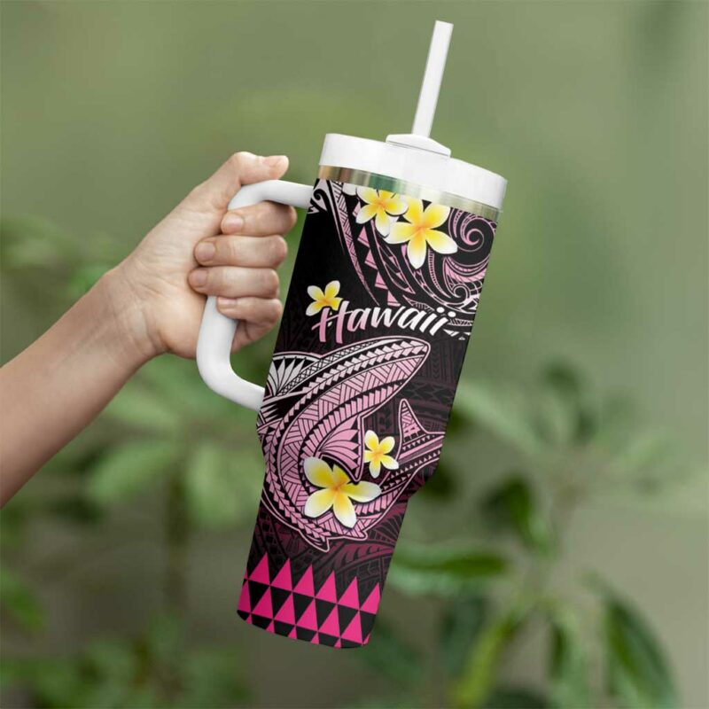 Hawaii Polynesian Shark with Kakau Pink Custom Stanley Quencher 40oz Stainless Steel Tumbler With Handle - Threewoofs - Image 3
