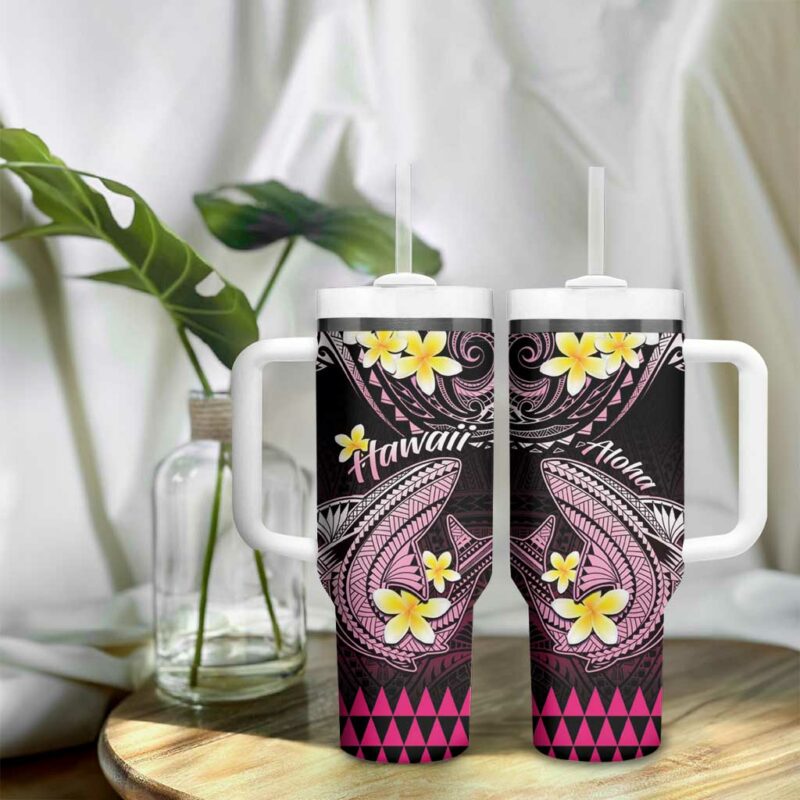 Hawaii Polynesian Shark with Kakau Pink Custom Stanley Quencher 40oz Stainless Steel Tumbler With Handle - Threewoofs - Image 9