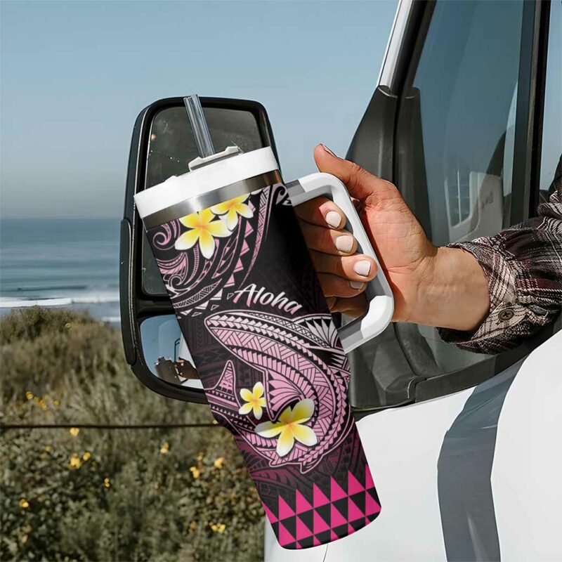 Hawaii Polynesian Shark with Kakau Pink Custom Stanley Quencher 40oz Stainless Steel Tumbler With Handle - Threewoofs - Image 7