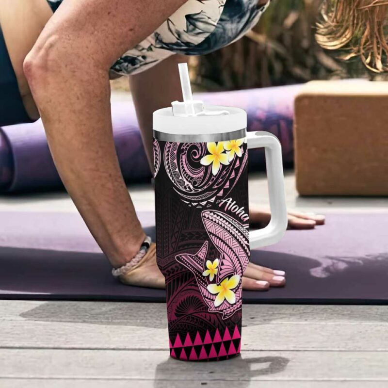 Hawaii Polynesian Shark with Kakau Pink Custom Stanley Quencher 40oz Stainless Steel Tumbler With Handle - Threewoofs - Image 6