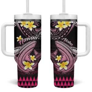 Hawaii Polynesian Shark with Kakau Pink Custom Stanley Quencher 40oz Stainless Steel Tumbler With Handle - Threewoofs