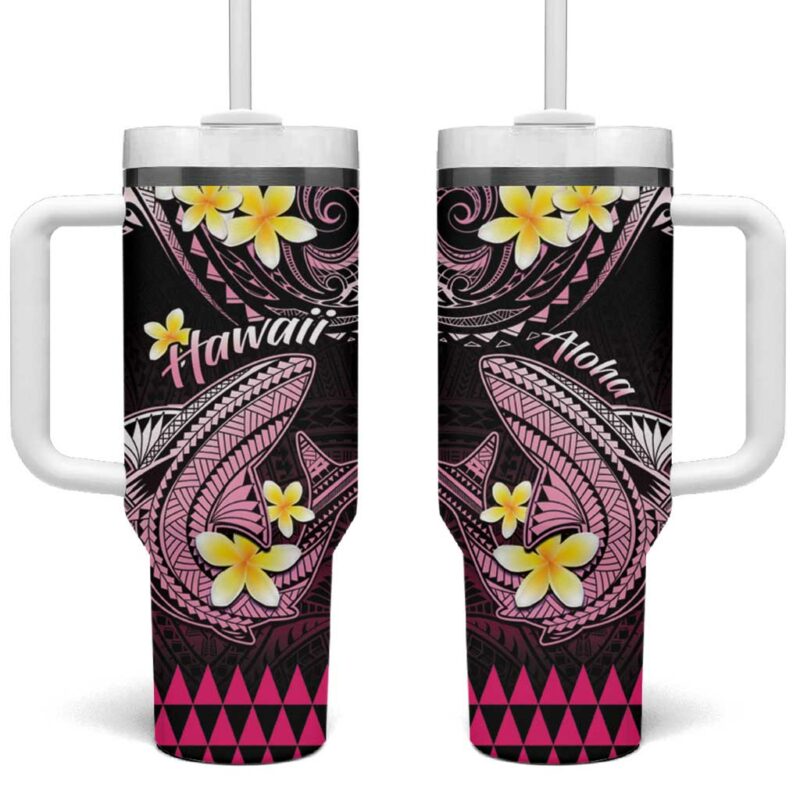 Hawaii Polynesian Shark with Kakau Pink Custom Stanley Quencher 40oz Stainless Steel Tumbler With Handle - Threewoofs