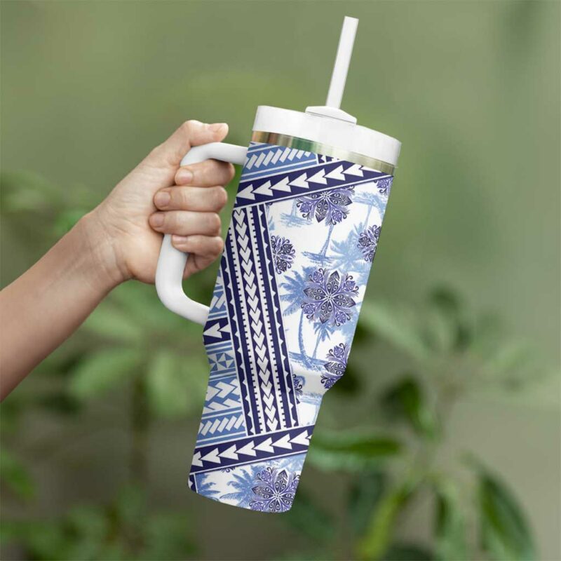 Hawaii Quilt Kakau Polynesian Blue Custom Stanley Quencher 40oz Stainless Steel Tumbler With Handle - Threewoofs - Image 3