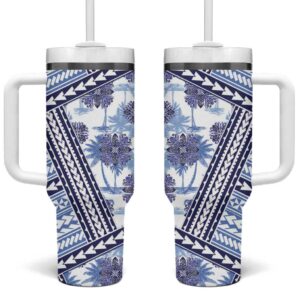 Hawaii Quilt Kakau Polynesian Blue Custom Stanley Quencher 40oz Stainless Steel Tumbler With Handle - Threewoofs