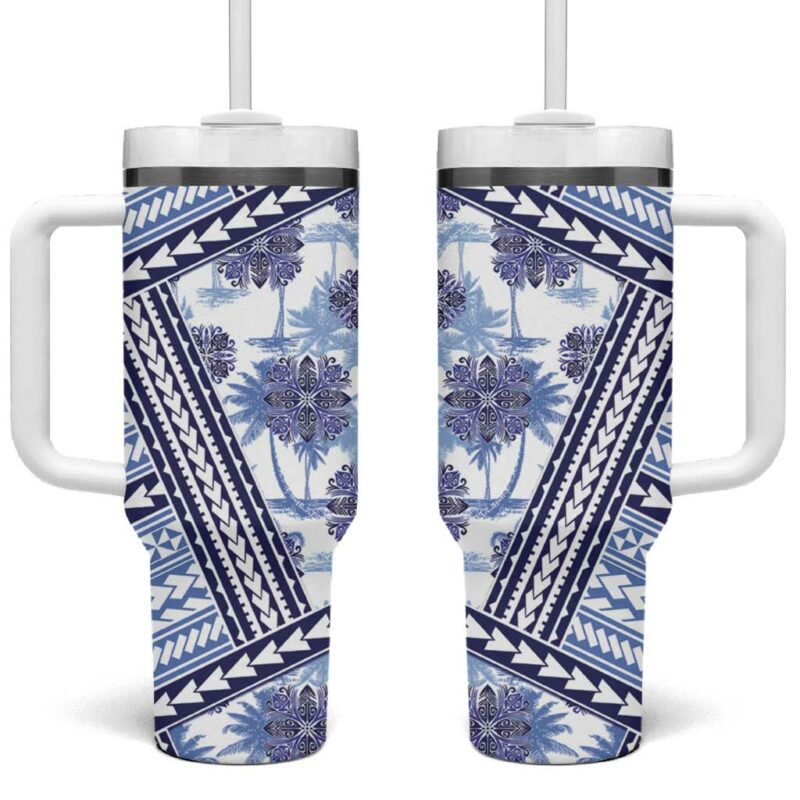 Hawaii Quilt Kakau Polynesian Blue Custom Stanley Quencher 40oz Stainless Steel Tumbler With Handle - Threewoofs