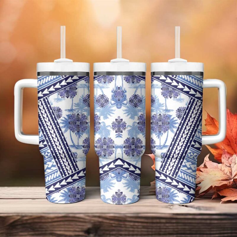 Hawaii Quilt Kakau Polynesian Blue Custom Stanley Quencher 40oz Stainless Steel Tumbler With Handle - Threewoofs - Image 4