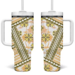 Hawaii Quilt Kakau Polynesian Gold Custom Stanley Quencher 40oz Stainless Steel Tumbler With Handle - Threewoofs