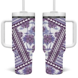 Hawaii Quilt Kakau Polynesian Lilac Custom Stanley Quencher 40oz Stainless Steel Tumbler With Handle - Threewoofs