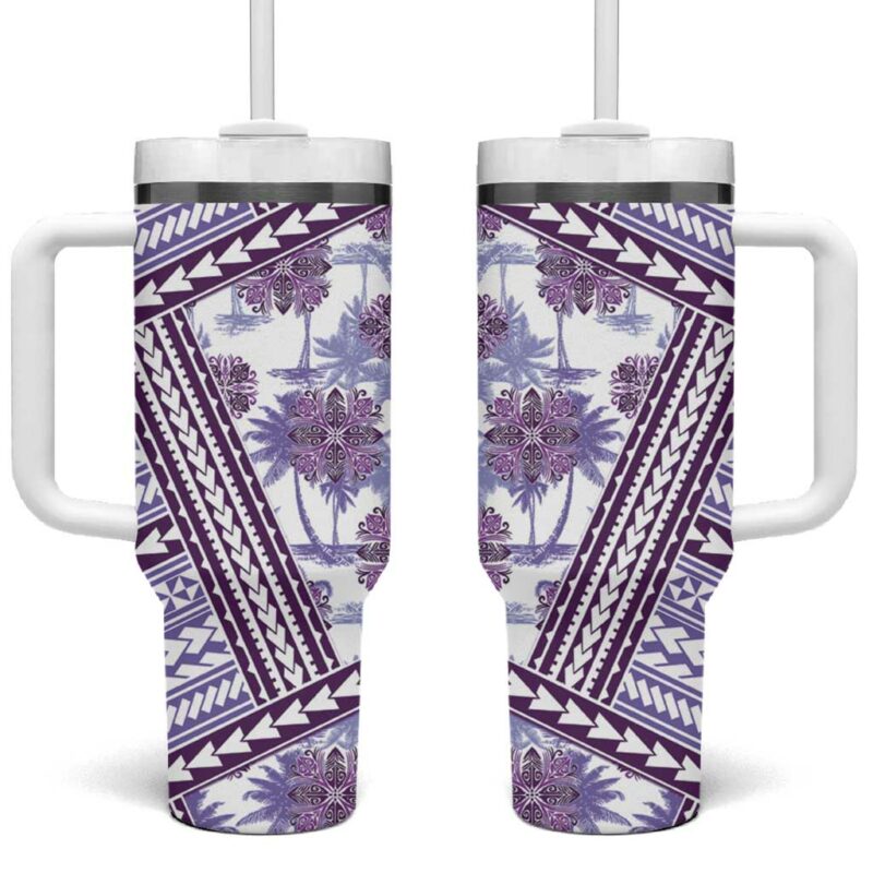 Hawaii Quilt Kakau Polynesian Lilac Custom Stanley Quencher 40oz Stainless Steel Tumbler With Handle - Threewoofs