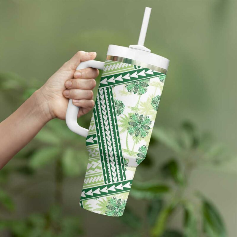 Hawaii Quilt Kakau Polynesian Olive Green Custom Stanley Quencher 40oz Stainless Steel Tumbler With Handle - Threewoofs - Image 3