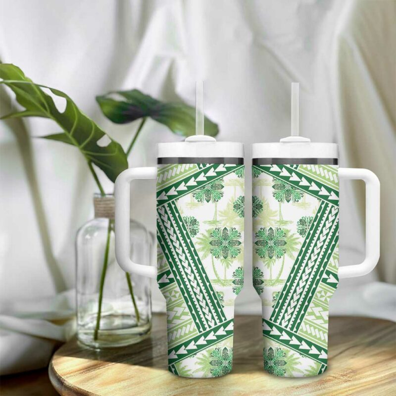 Hawaii Quilt Kakau Polynesian Olive Green Custom Stanley Quencher 40oz Stainless Steel Tumbler With Handle - Threewoofs - Image 9