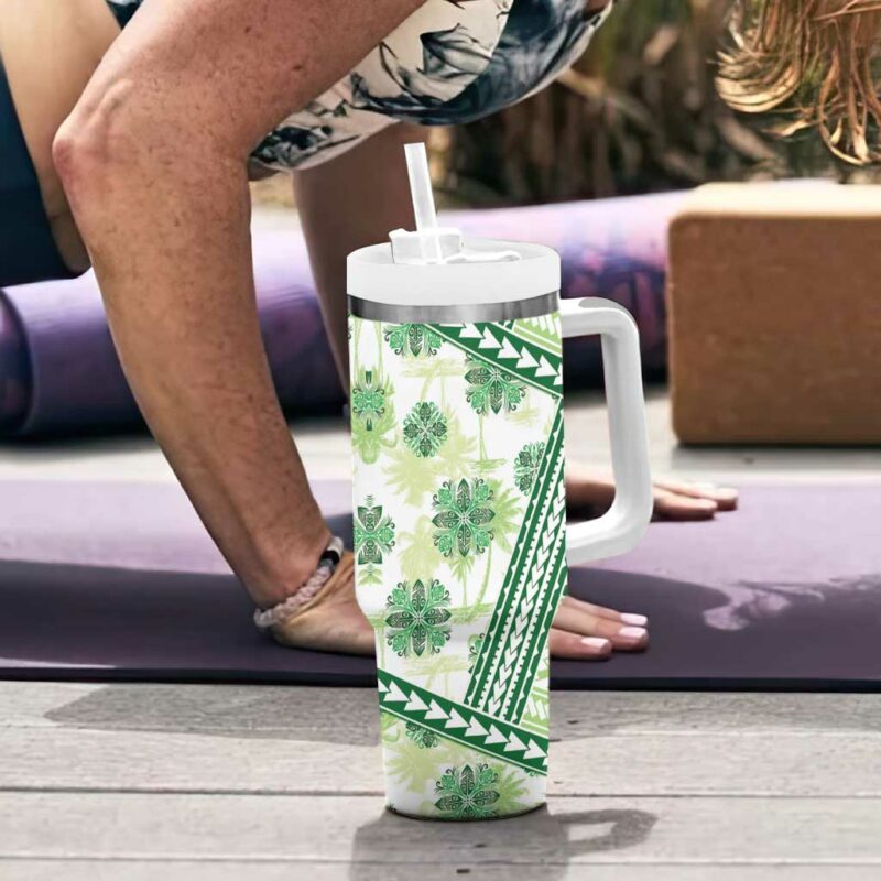 Hawaii Quilt Kakau Polynesian Olive Green Custom Stanley Quencher 40oz Stainless Steel Tumbler With Handle - Threewoofs - Image 6