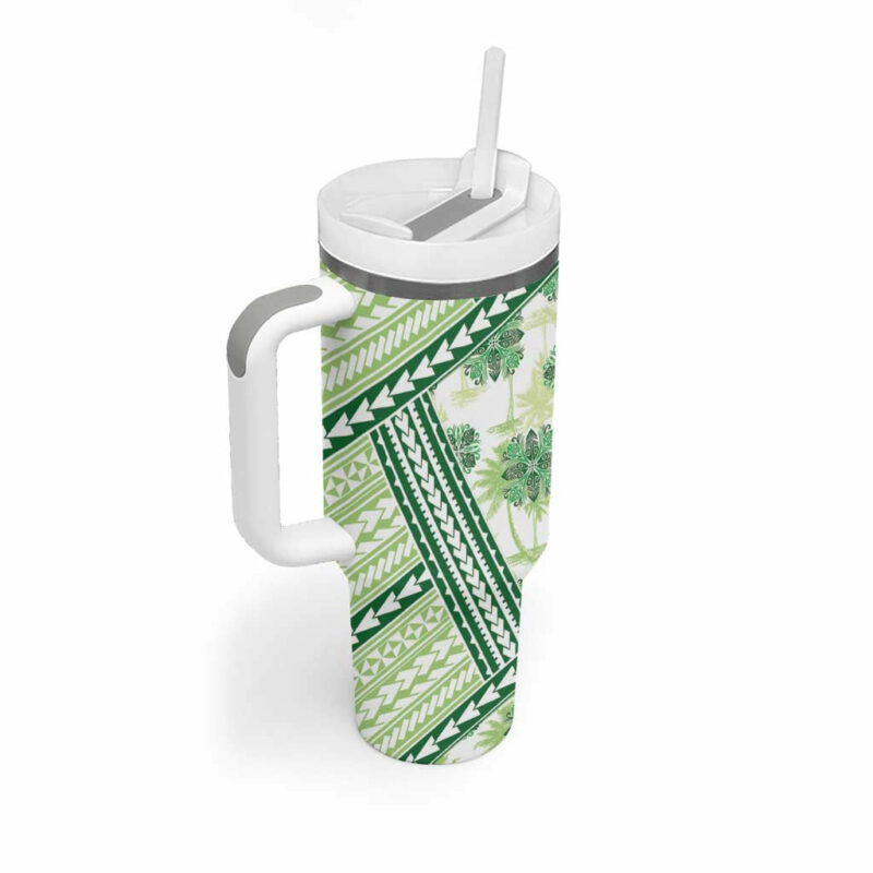 Hawaii Quilt Kakau Polynesian Olive Green Custom Stanley Quencher 40oz Stainless Steel Tumbler With Handle - Threewoofs - Image 2