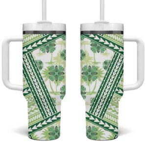 Hawaii Quilt Kakau Polynesian Olive Green Custom Stanley Quencher 40oz Stainless Steel Tumbler With Handle - Threewoofs