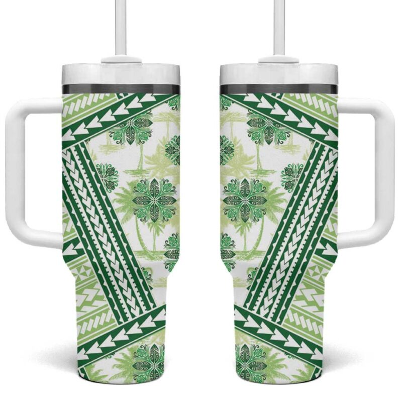 Hawaii Quilt Kakau Polynesian Olive Green Custom Stanley Quencher 40oz Stainless Steel Tumbler With Handle - Threewoofs