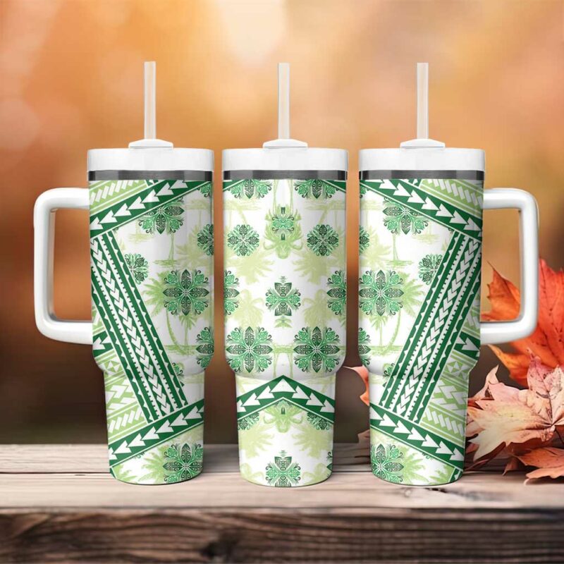 Hawaii Quilt Kakau Polynesian Olive Green Custom Stanley Quencher 40oz Stainless Steel Tumbler With Handle - Threewoofs - Image 4