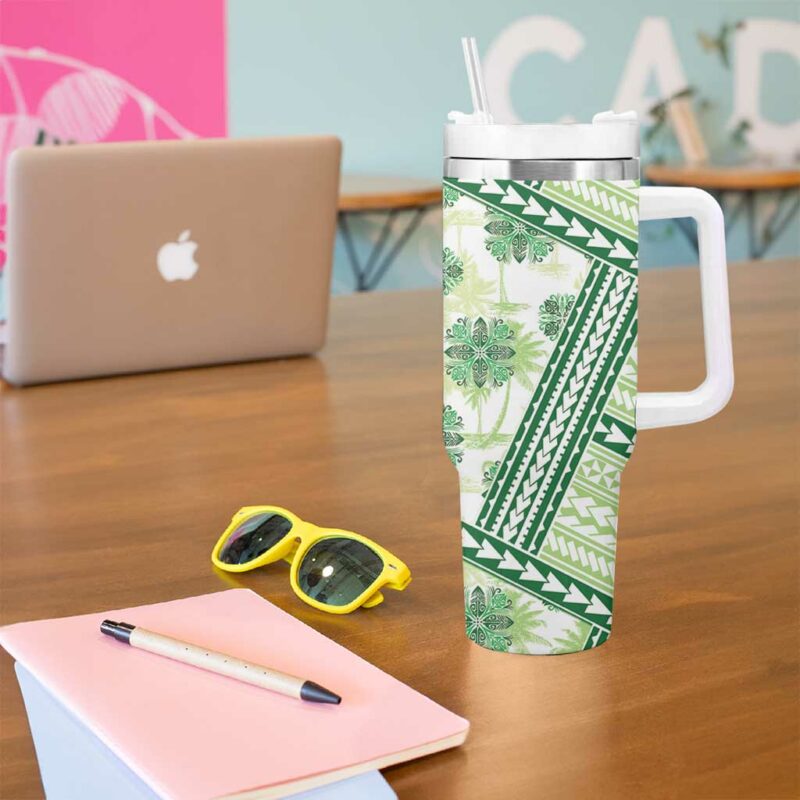 Hawaii Quilt Kakau Polynesian Olive Green Custom Stanley Quencher 40oz Stainless Steel Tumbler With Handle - Threewoofs - Image 5