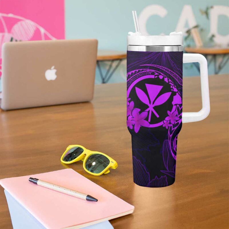 Hawaii Shaka Tattoo Mix Polynesian Plumeria Purple Custom Stanley Quencher 40oz Stainless Steel Tumbler With Handle - Threewoofs - Image 5