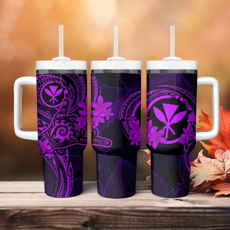Hawaii Shaka Tattoo Mix Polynesian Plumeria Purple Custom Stanley Quencher 40oz Stainless Steel Tumbler With Handle - Threewoofs - Image 4