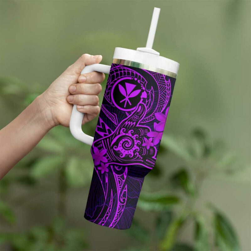 Hawaii Shaka Tattoo Mix Polynesian Plumeria Purple Custom Stanley Quencher 40oz Stainless Steel Tumbler With Handle - Threewoofs - Image 3