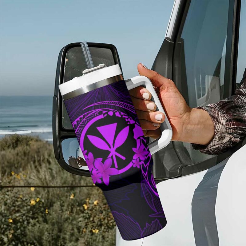 Hawaii Shaka Tattoo Mix Polynesian Plumeria Purple Custom Stanley Quencher 40oz Stainless Steel Tumbler With Handle - Threewoofs - Image 7