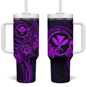 Hawaii Shaka Tattoo Mix Polynesian Plumeria Purple Custom Stanley Quencher 40oz Stainless Steel Tumbler With Handle - Threewoofs