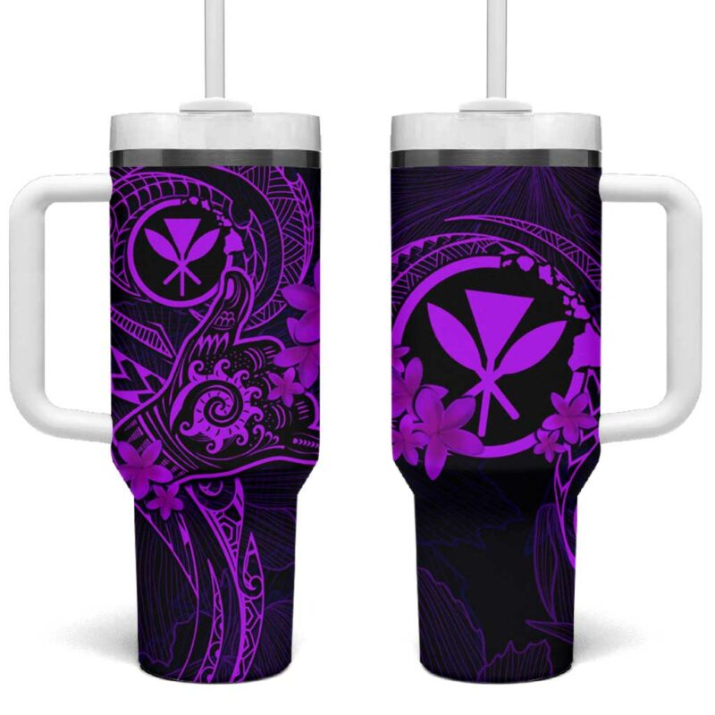 Hawaii Shaka Tattoo Mix Polynesian Plumeria Purple Custom Stanley Quencher 40oz Stainless Steel Tumbler With Handle - Threewoofs