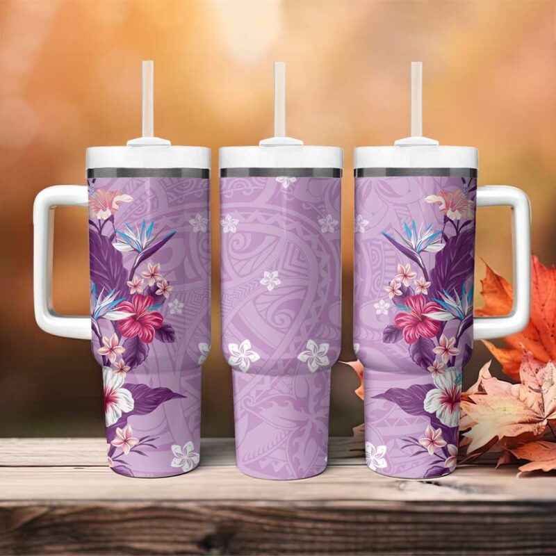 Hawaii Tropical Flowers Polynesian Tattoo Lavender Custom Stanley Quencher 40oz Stainless Steel Tumbler With Handle - Threewoofs - Image 4
