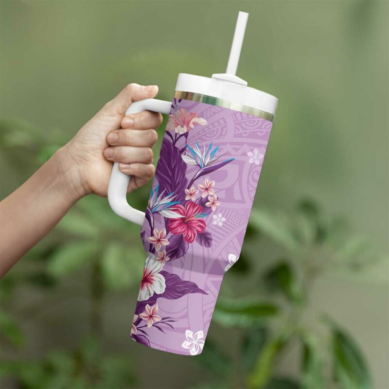 Hawaii Tropical Flowers Polynesian Tattoo Lavender Custom Stanley Quencher 40oz Stainless Steel Tumbler With Handle - Threewoofs - Image 3