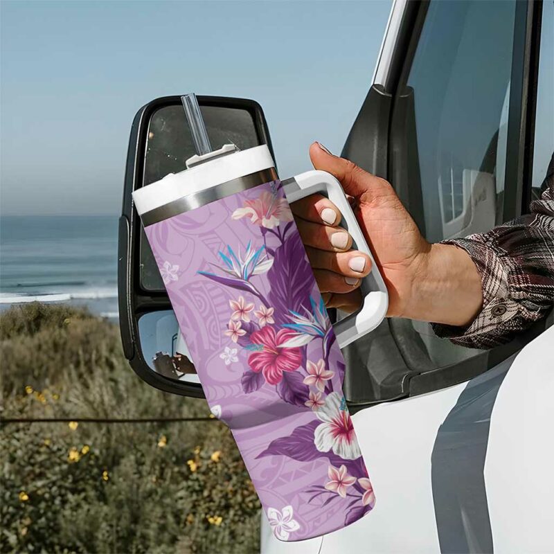 Hawaii Tropical Flowers Polynesian Tattoo Lavender Custom Stanley Quencher 40oz Stainless Steel Tumbler With Handle - Threewoofs - Image 7