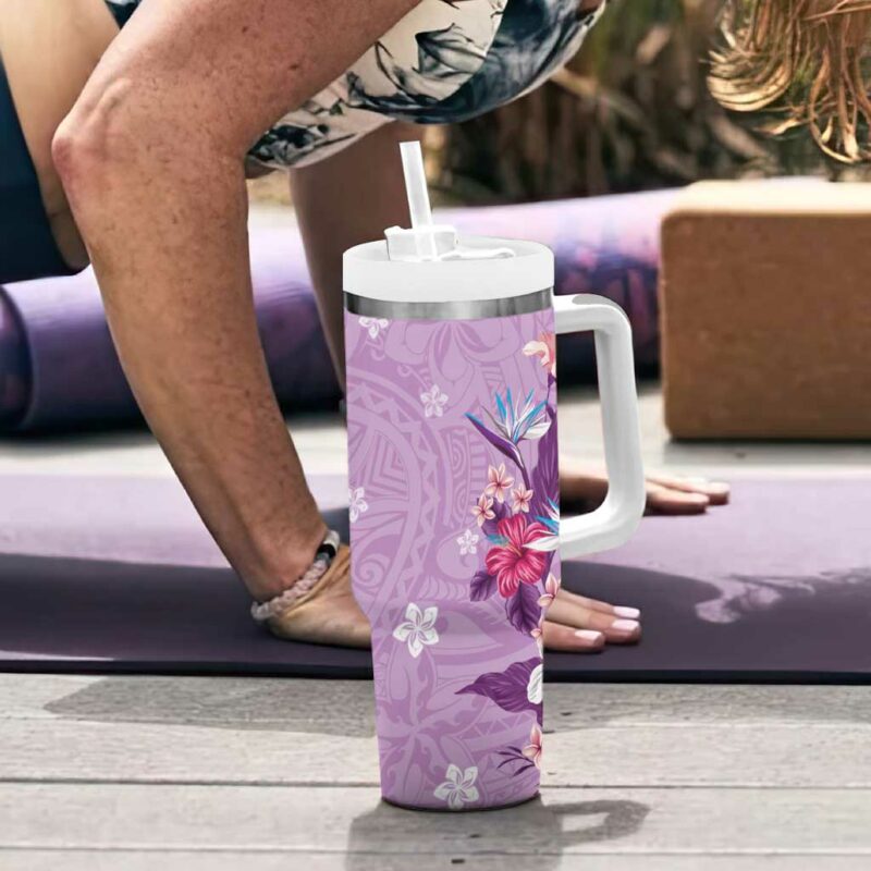 Hawaii Tropical Flowers Polynesian Tattoo Lavender Custom Stanley Quencher 40oz Stainless Steel Tumbler With Handle - Threewoofs - Image 6